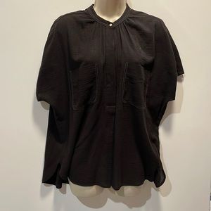 Vince Topstitch Crinkle Cotton Sz S Popover Top, black